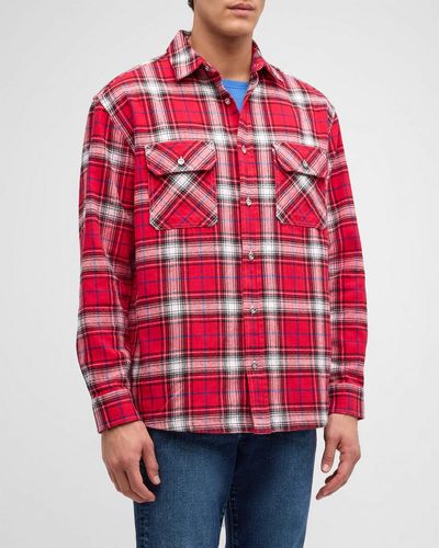 Purple Plaid Flannel Casual Button-Down Shirt - Red