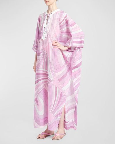 Emilio Pucci Abstract-Print Lace-Up Maxi Kaftan Dress - Pink