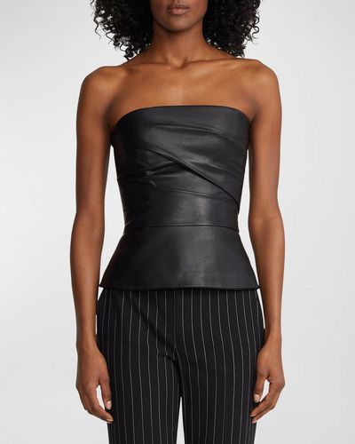 Ralph Lauren Collection Schofield Gathered Leather Bustier Top - Black