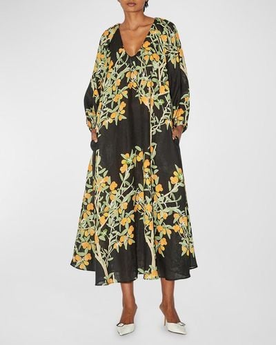BERNADETTE Flower Printed Linen Maxi Dress - Yellow