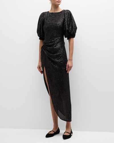 In the mood for love Sahar Sequin Puff-Sleeve Asymmetric Midi Dress - Black