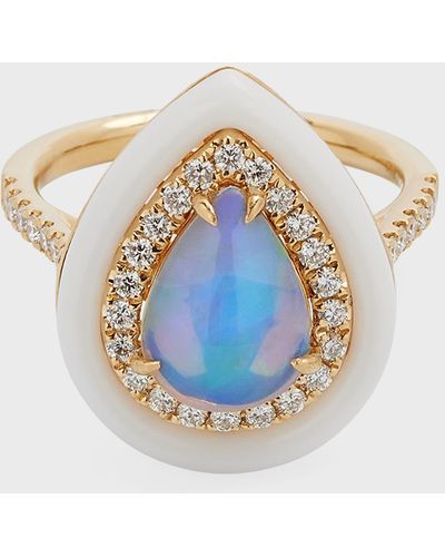 David Kord 18k Yellow Gold Ring With Pear-shape Opal, Diamonds And White Frame, 1.43tcw, Size 7 - Blue