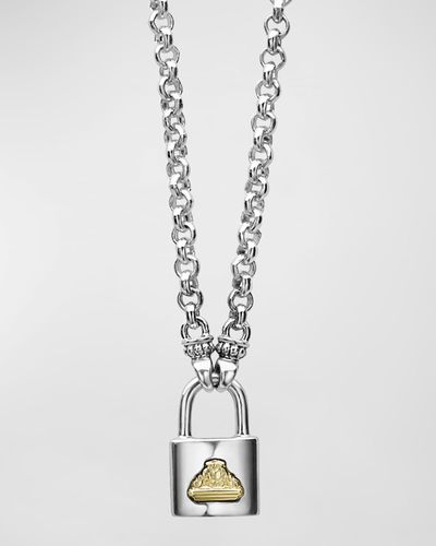 Lagos Beloved Large Lock Two-Tone Pendant Necklace Silver