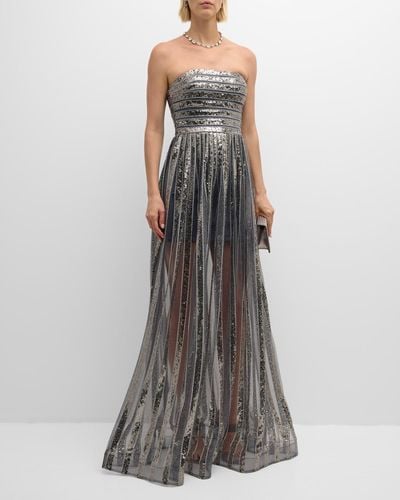 Jovani Strapless Sequin Striped Gown - Gray