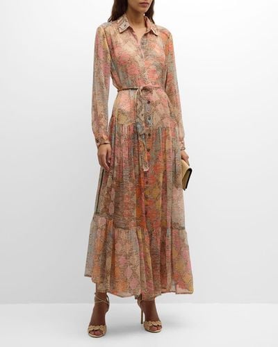 Mes Demoiselles Odette Tiered Abstract-Print Maxi Shirtdress - Brown