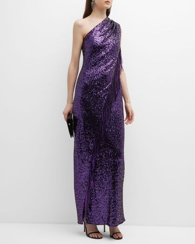 Badgley Mischka One-shoulder Fringe Sequin Gown - Purple