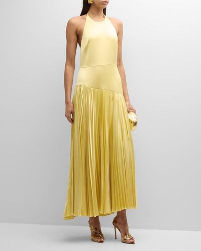 Alexis Saab Pleated Satin Backless Halter Dress - Yellow
