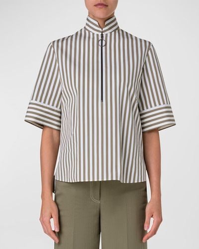 Akris Punto Kodak Striped Cotton Poplin Short-Sleeve Zip Shirt - Multicolor