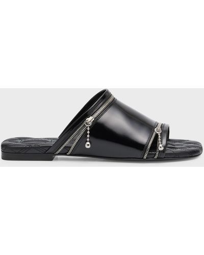 Burberry Calfskin Zip Flat Slide Sandals - Black