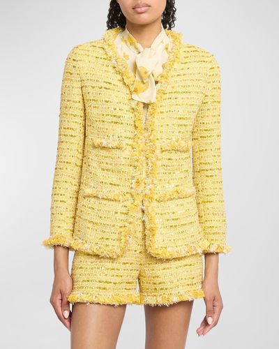 Giambattista Valli Fringed Collarless Paillette Tweed Jacket - Yellow