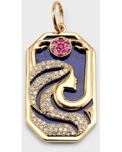 Kastel Jewelry 14k Yellow Gold Moon Goddess Pendant With Lapis, Diamonds And Rubies - Blue