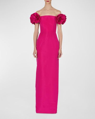 Carolina Herrera Off Shoulder Column Gown With Flower Detail - Pink