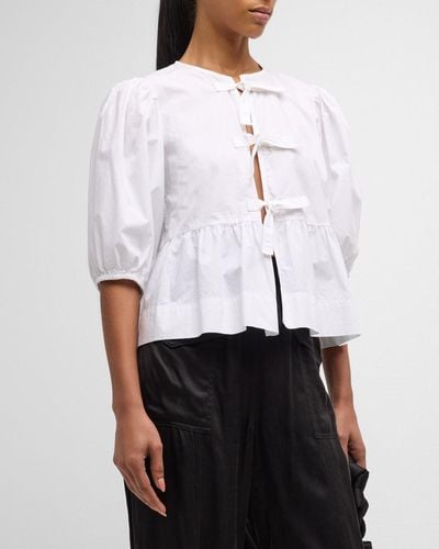 Ganni Poplin Front-Tie Peplum Blouse With Puffed-Sleeves - White