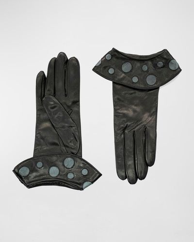 Portolano Folded Polka-Dot Cuff Leather Gloves - Black