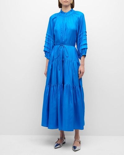 Apiece Apart Trinidad Tiered Blouson-Sleeve Maxi Dress - Blue