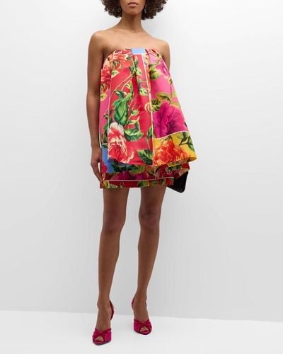 Carolina Herrera Flower-Print Strapless Babydoll Ruffle Mini Dress - Red