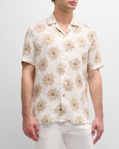 Isaia Linen Floral-Print Camp Shirt - Natural