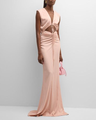 LAPOINTE Plunging Shirred Cutout Sleeveless Stretch Satin Maxi Dress - Pink