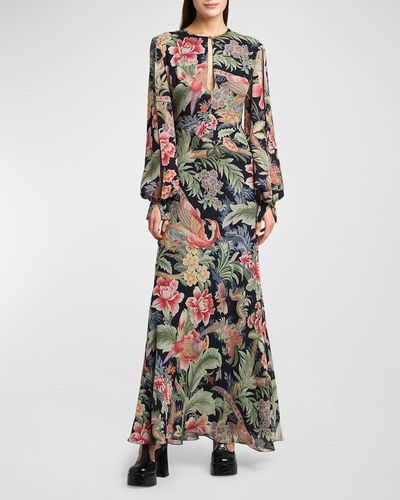 Etro Allover Floral Slit Long-Sleeve Silk Gown - Multicolor