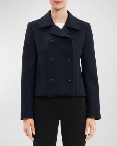 Theory Shrunken Wool Double-Breasted Peacoat - Blue