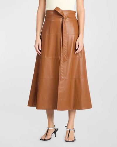 Tanya Taylor Hudson Faux Leather Belted Tiered Seam Midi Skirt - Brown