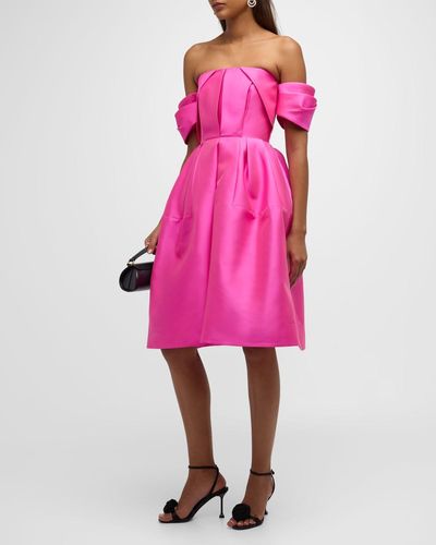 Dice Kayek Pleated Off-The-Shoulder Fit-&-Flare Dress - Pink