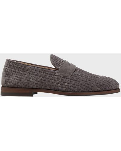 Brunello Cucinelli Woven Suede Penny Loafers - Gray