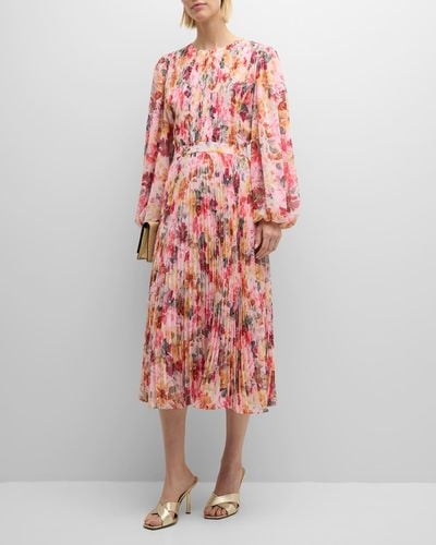 Tahari The Cecilia Pleated Floral-Print Midi Dress - Pink