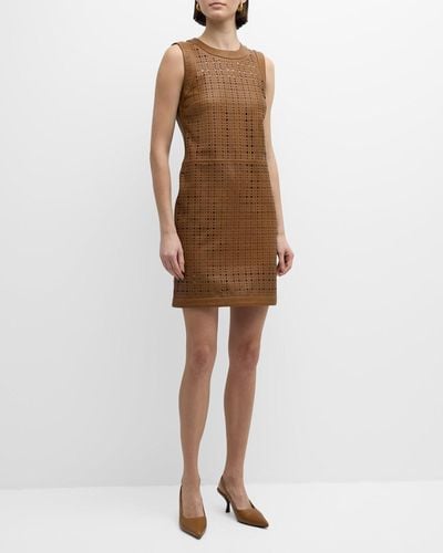 St. John Lasercut Lightweight Nappa Leather Sleeveless Mini Dress - Brown
