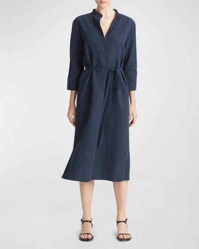 Vince Band-Collar Cotton And Linen Belted Midi Dress - Blue