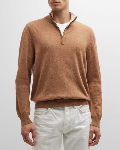 Neiman Marcus Wool-cashmere 1/4-zip Sweater - Brown