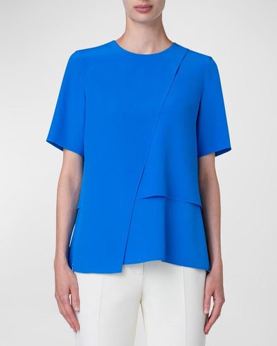 Akris Short-Sleeve Layered Silk Blouse - Blue