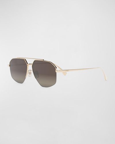Fendi Double-bridge Metal Rectangle Sunglasses - White