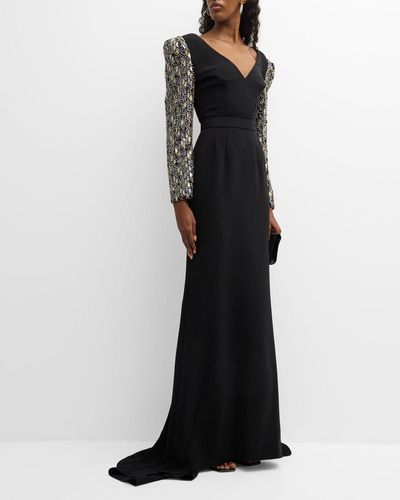 Jenny Packham Tabitha Embellished-sleeves Strong-shoulder Gown - Black