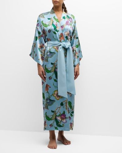 Olivia Von Halle Queenie Floral-Print Silk Kimono Robe - Blue