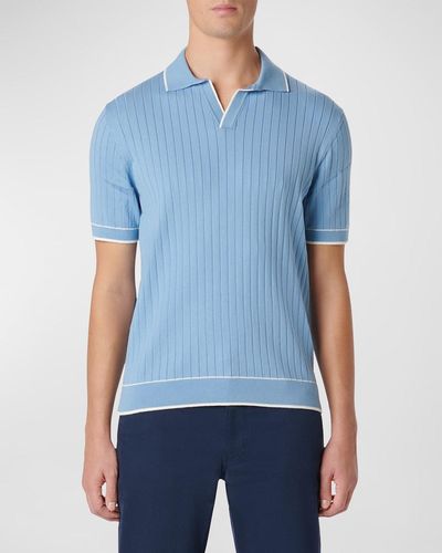 Bugatchi Ribbed Sweater With Johnny Collar - Blue
