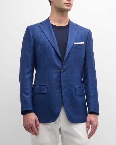 Kiton Windowpane Cashmere-Silk Sport Coat - Blue