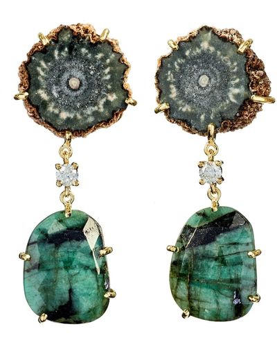 Jan Leslie 18K Bespoke 2-Tier One-Of-A-Kind Luxury Earrings W/ Stalactite, Faceted Emerald & Diamonds - Green