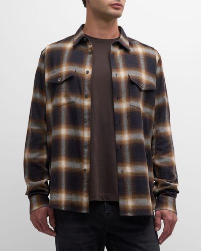 FRAME Brushed Plaid Button-Down Shirt - Brown