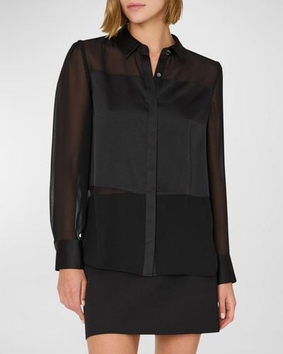 MILLY Andy Sheer-panel Button-down Satin Blouse - Black