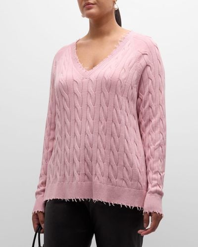 Minnie Rose Plus Size Frayed Cable-Knit Sweater - Pink