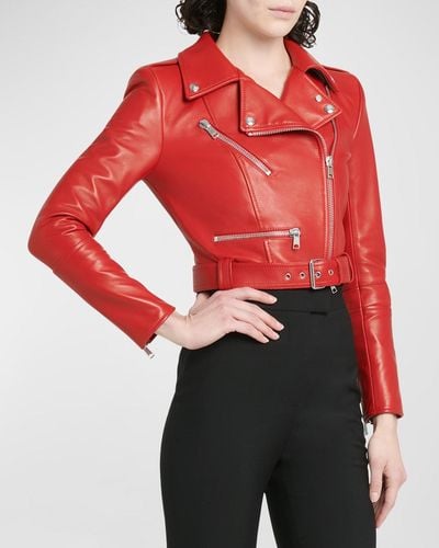 Alexander McQueen Cropped Leather Biker Jacket - Red