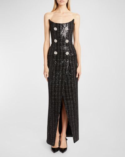 Balmain Sequined Strapless Dress With Jewel Double-Breast Buttons - Black