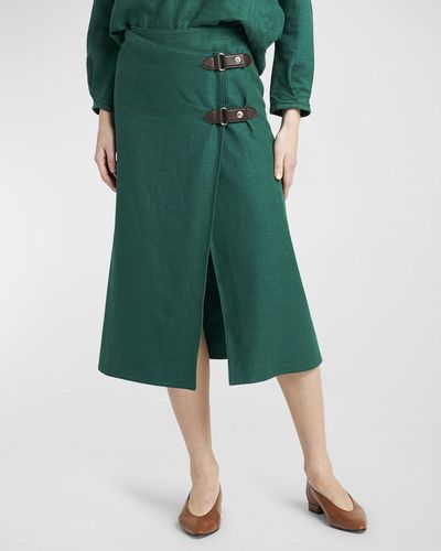 Loro Piana Structured Linen Midi Skirt With Leather Belted Detail - Green