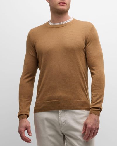 Neiman Marcus Cashmere-Silk Crewneck Sweater - Brown