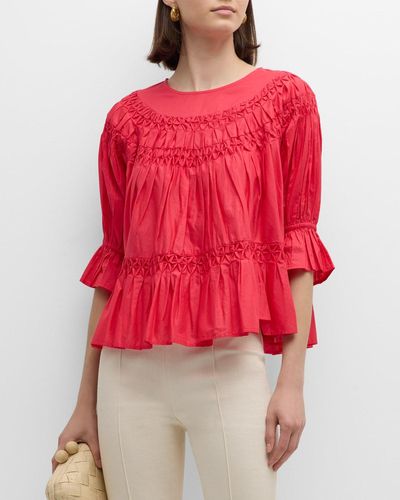 Merlette Smocked Puff-Sleeve Pima Cotton Blouse - Red