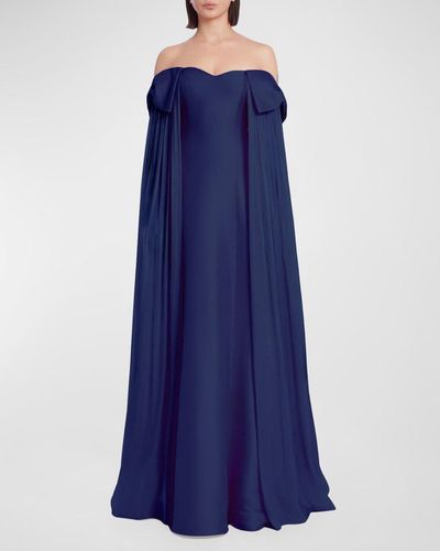 Badgley Mischka Bow-Embellished Off-Shoulder Cape Gown - Blue