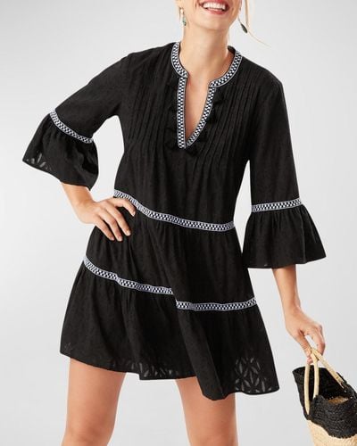 Tommy Bahama Embroidered Tassel V-Neck Cotton Tunic Dress - Black