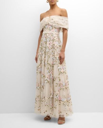 Needle & Thread Lunaria Wreath Floral-Embroidered Tulle Gown - Natural