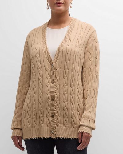 Minnie Rose Plus Size Frayed Cable-Knit Cardigan - Natural